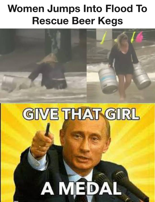 Women jumps into flood to rescue beer kegs
