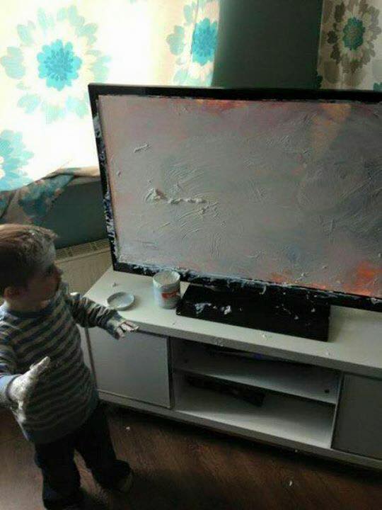 27 Terrifying Images That Show What Its Really Like To Be A Parent 16 painting the tv