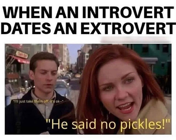 20 Memes That Show What Happens When An Extrovert Meets An Introvert 7 He said no pickles