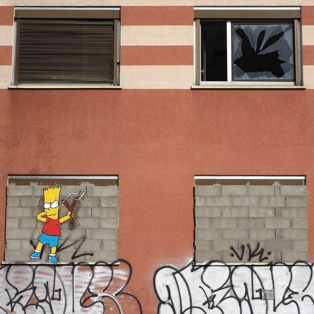25 Ordinary Streets Turned Into Hilarious Street Art Canvases By Oakoak 2 Bart breaking Window