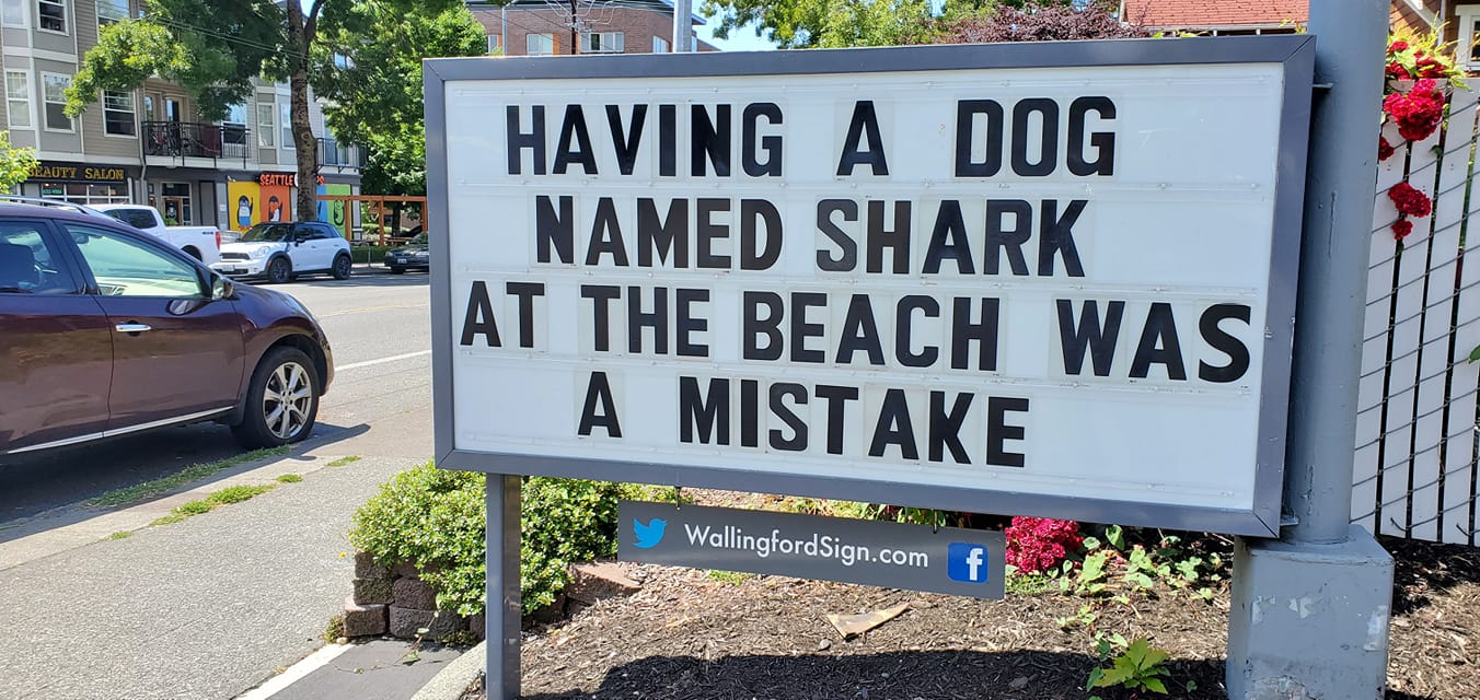 55 Iconic Seattle Gas Station's Signboard With Witty Messages & Funny Slogans 17 Having a dog named shark was a mistake - Seattle Gas Station Signboards