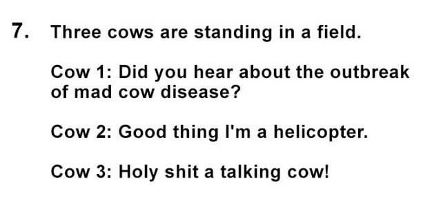 Oh Lord, Here They Come: 25 Dumb Jokes That Will Have You Shaking Your Head 7 3 cows are standing in a field