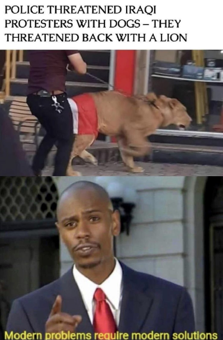 25 "Modern problems Require Modern Solutions" Memes 14 Police threatened iraqi protesters with dog