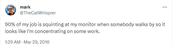 20 Funny Tweets About Work Where People Shared Unfiltered Thoughts 1 90 percent of my job is squinting - Funny Tweets About Work
