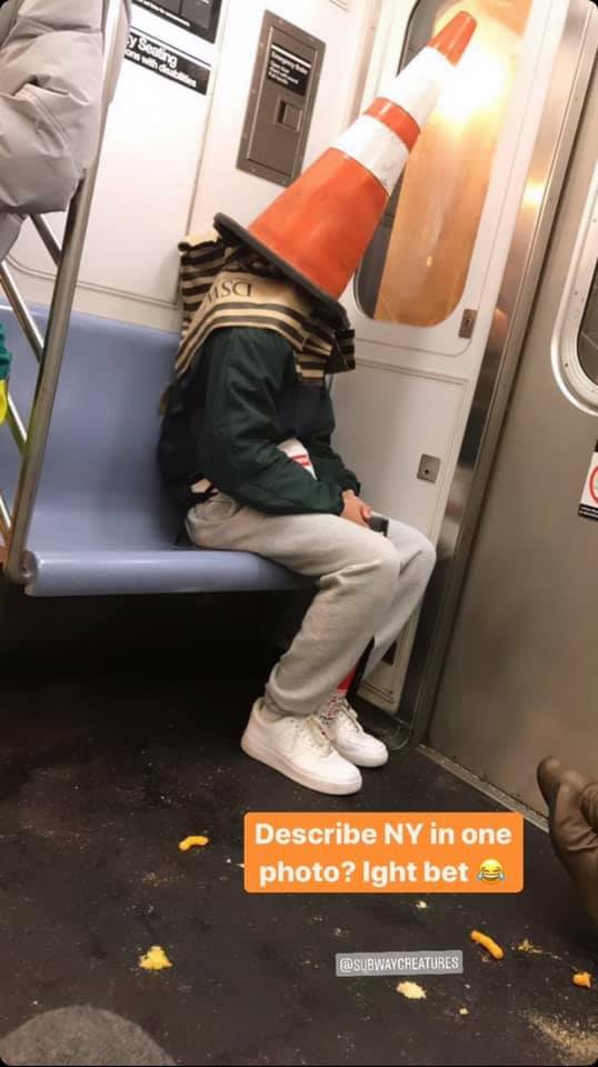 20 Times Commuters Couldn't Resist Sharing the Subway Shenanigans 10 Man with cone