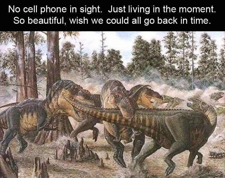 22 'Not A Cell Phone In Sight' Memes: A Comic Tribute to a Time Before Smartphones 19 Dinosaurs fighting - not a cell phone in site