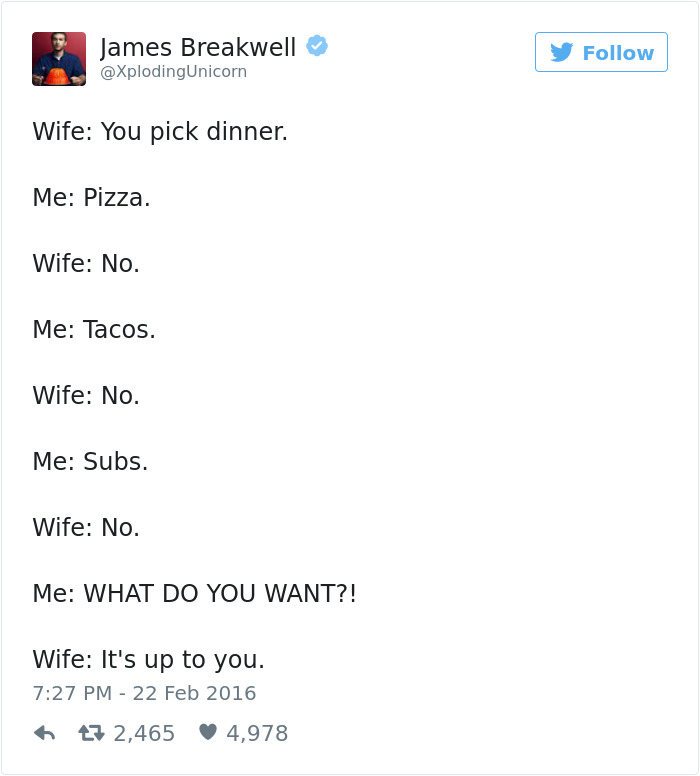 31 Funny Marriage Tweets That Perfectly Sum Up Married Life 30 You pick diner