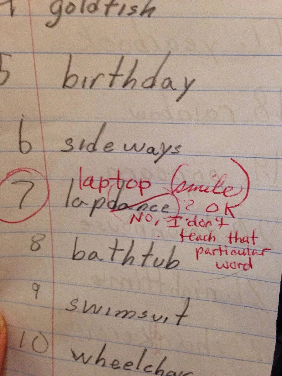 30 Hilarious Comments & Doodles Left By Teachers on Students' Tests 32 My girlfriend's mom is an elementary school teacher. This was an answer on a spelling test she was grading.