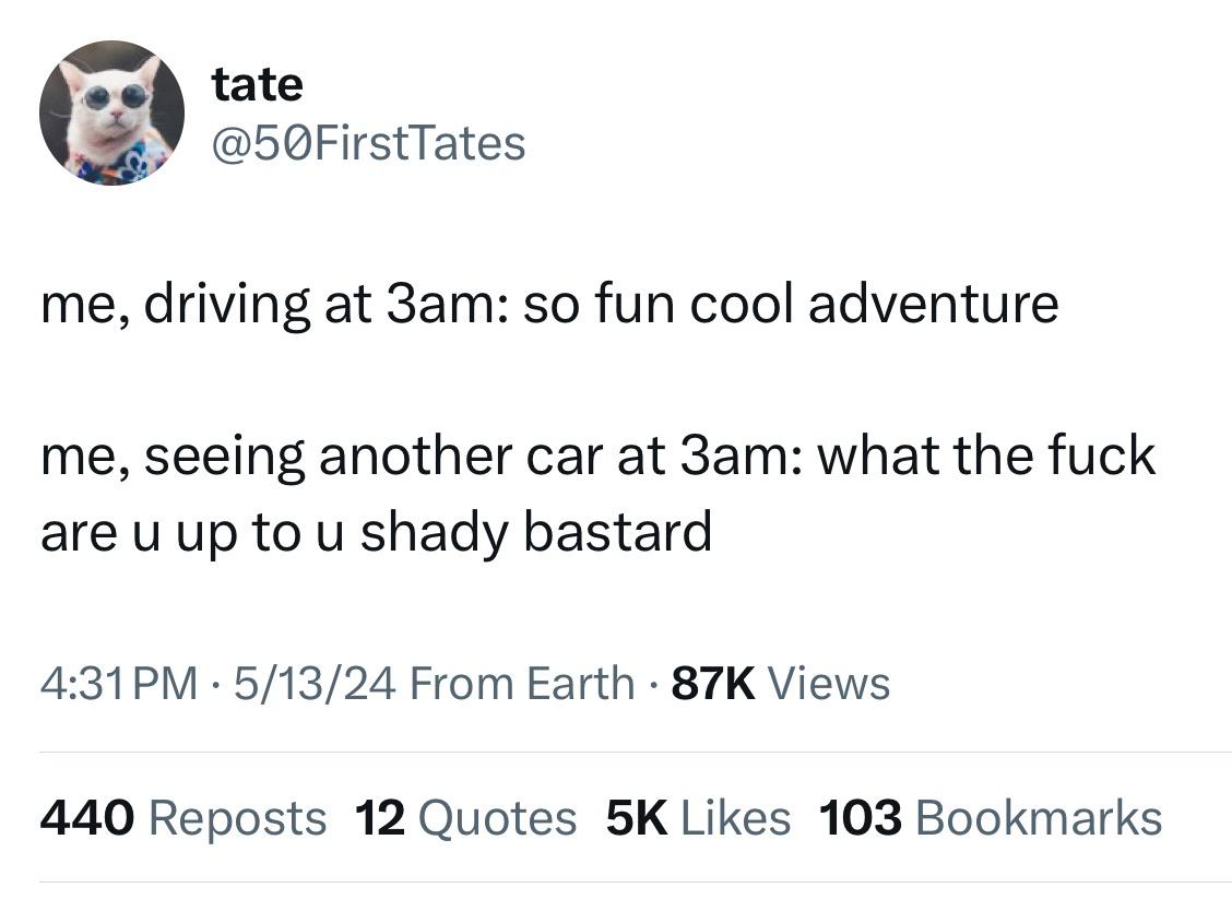 20 Fresh Tweets That Are Funnier Than a Cat in a Box 1 driving at 3am - Fresh Tweets