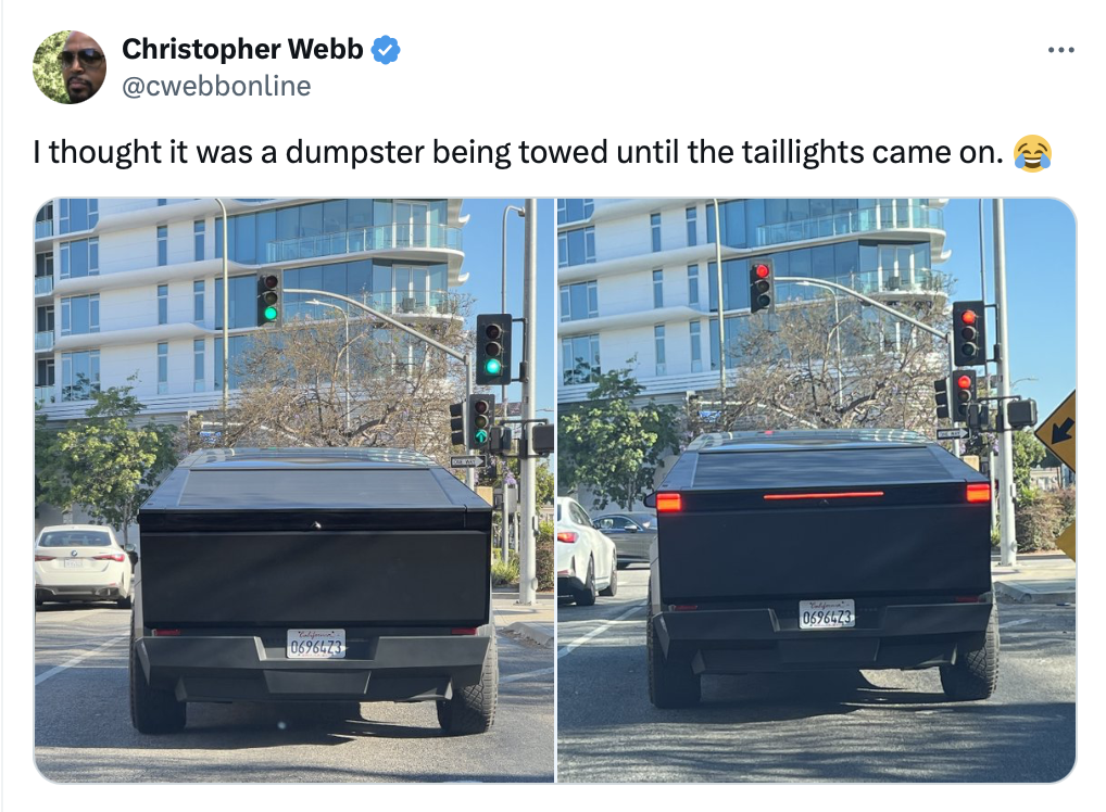 20 Cybertruck Memes That Prove Humor Can’t Be Bulletproof 6 I thought it was a dumpster being towed until the taillights came on. - Cybertruck Memes
