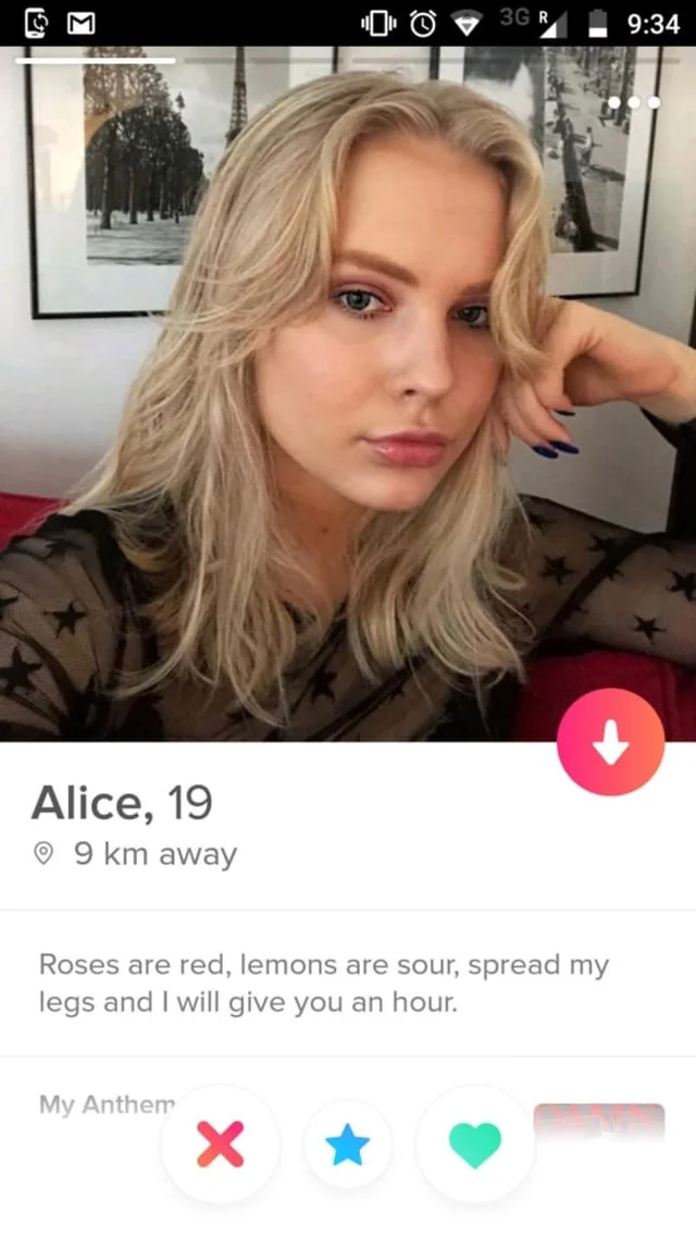These Unusual Tinder Bios Will Make You Swipe Right Every Time 7 Roses are red lemons are sour - unusual tinder bios