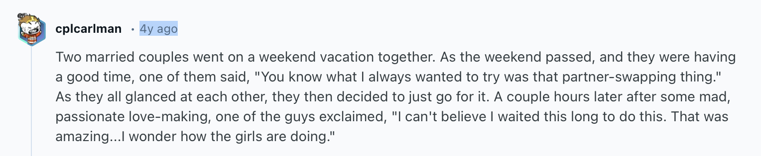 25 Dirtiest Jokes You’ll Hear All Day – Don’t Say We Didn’t Warn You 28 wo married couples went on a weekend vacation together