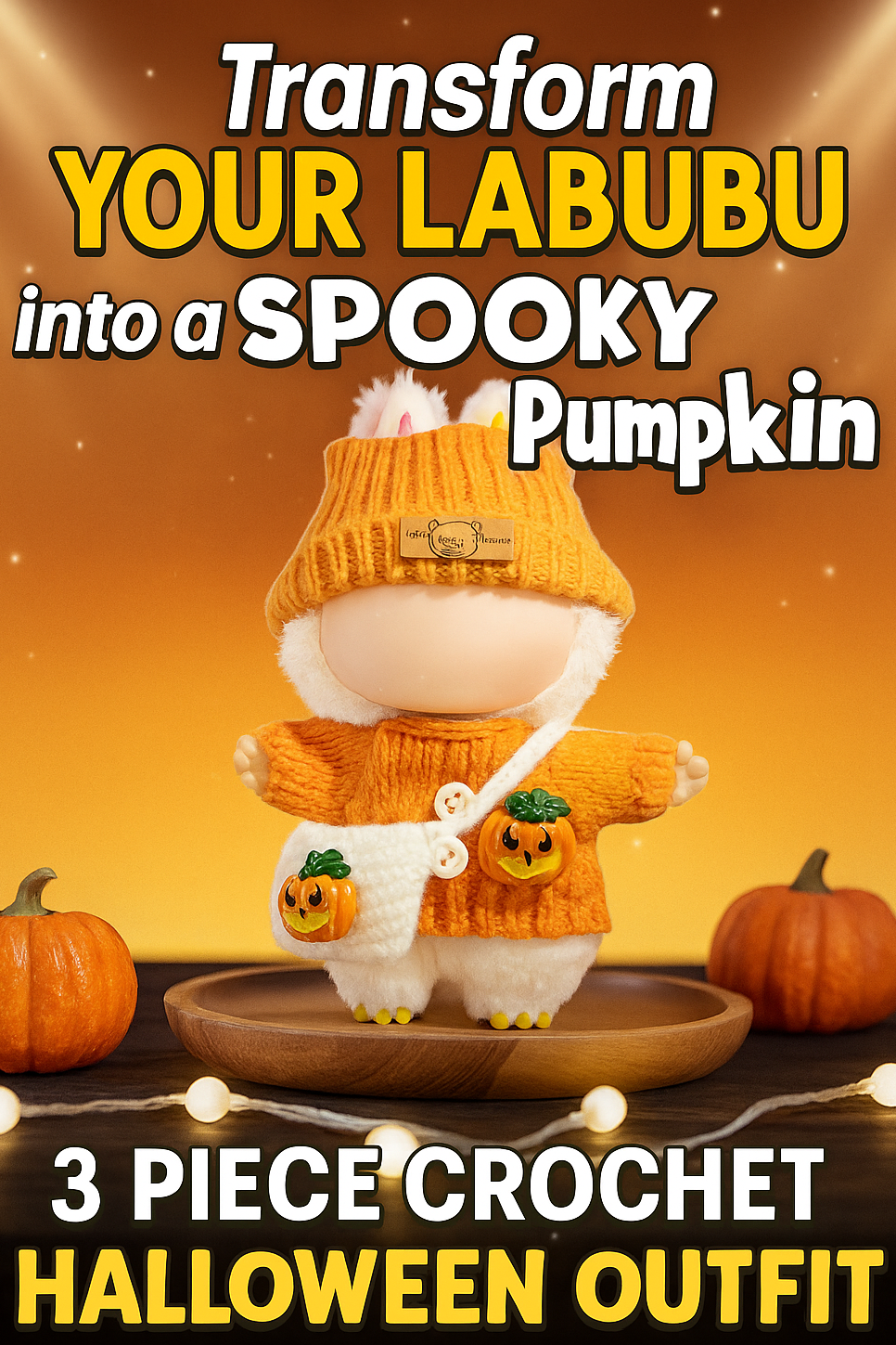 Don’t Miss This Adorable LABUBU Halloween Set – Handcrafted Crochet Pumpkin Sweater, Hat & Bag Only