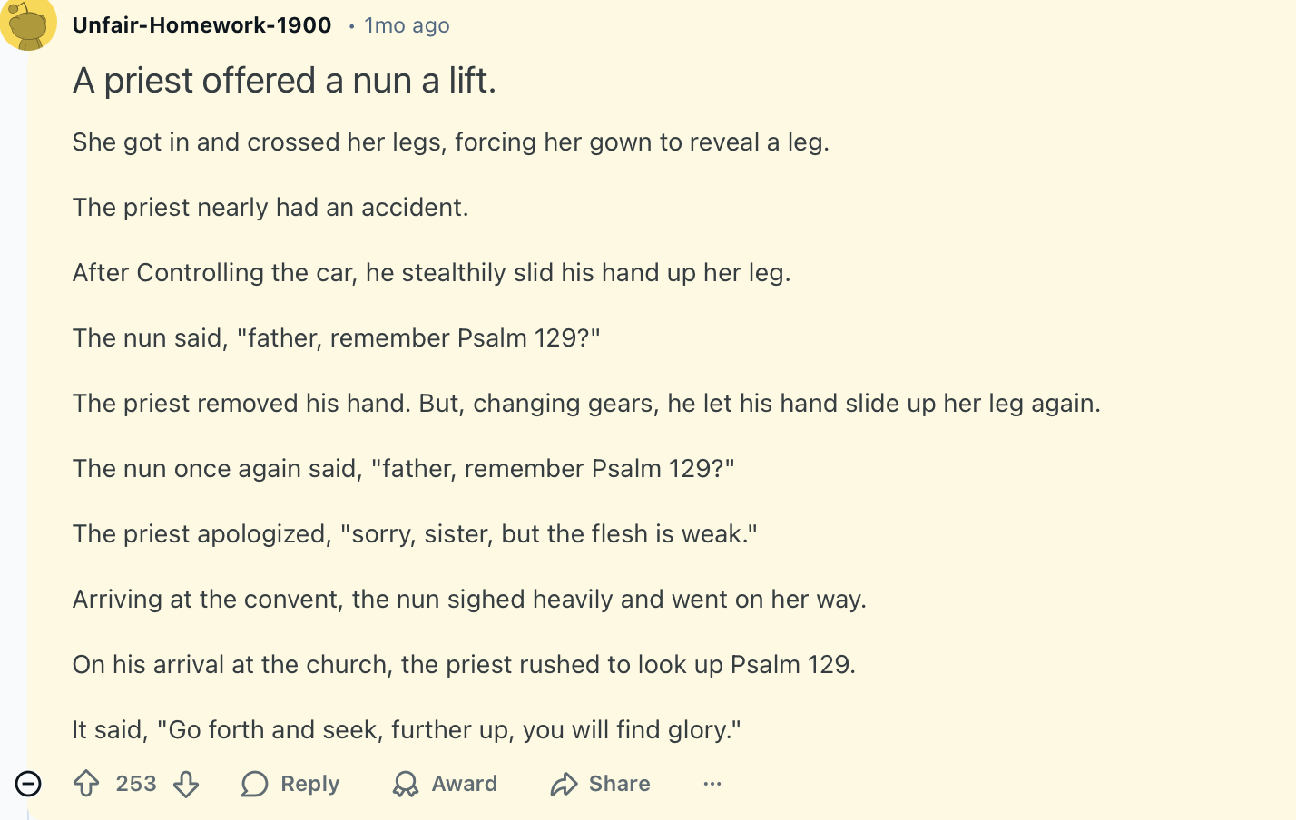 A priest offered a nun a lift.